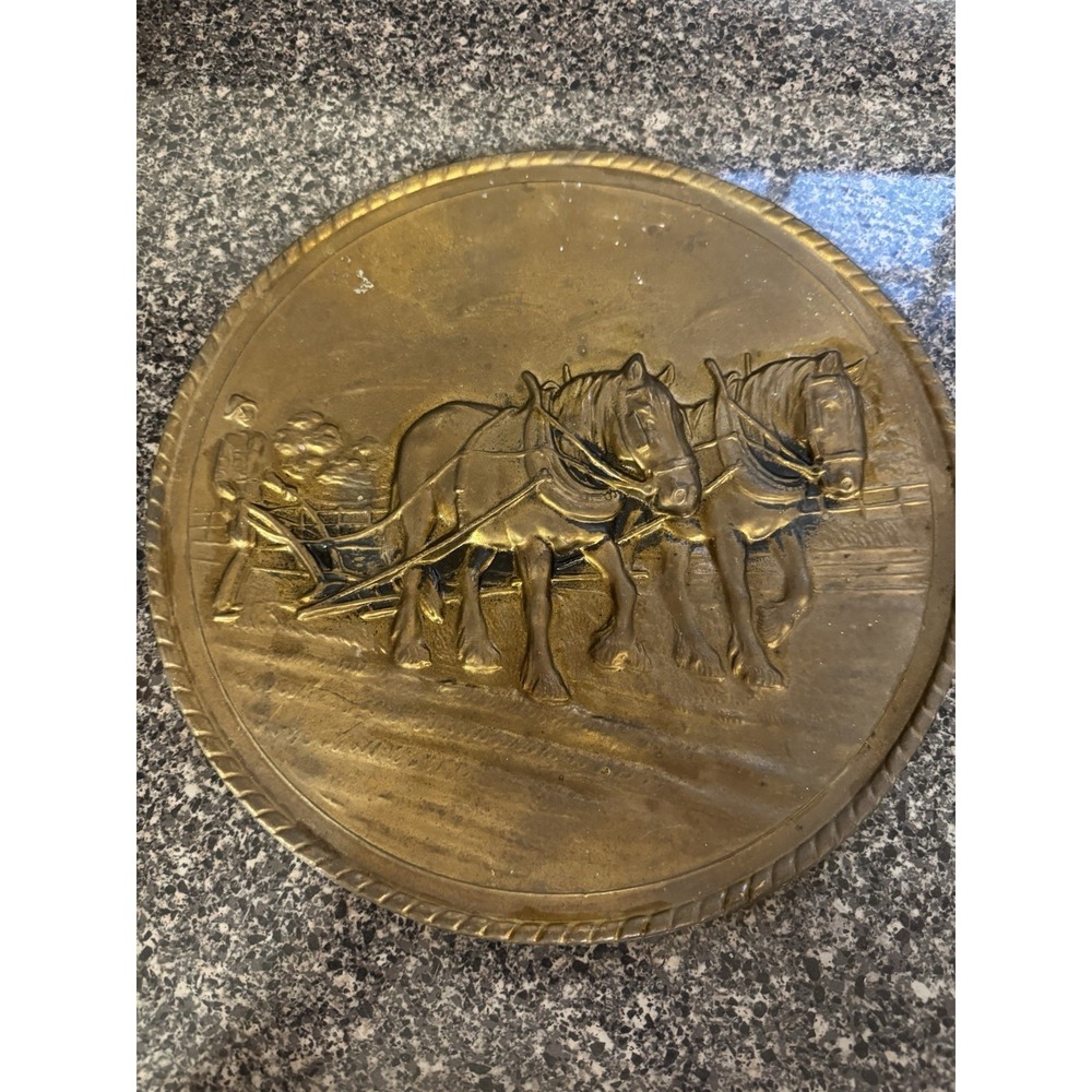 Vintage Embossed Brass Wall Plate Decorative Plate Made in England Horse & Plow - Picture 2 of 16